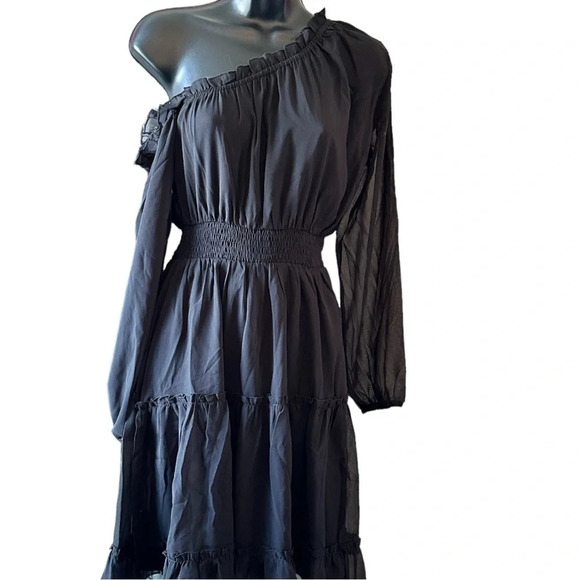 Women's One Shoulder Floral Dress Smocked Waist Tiered Mini Dress - Picture 6 of 7